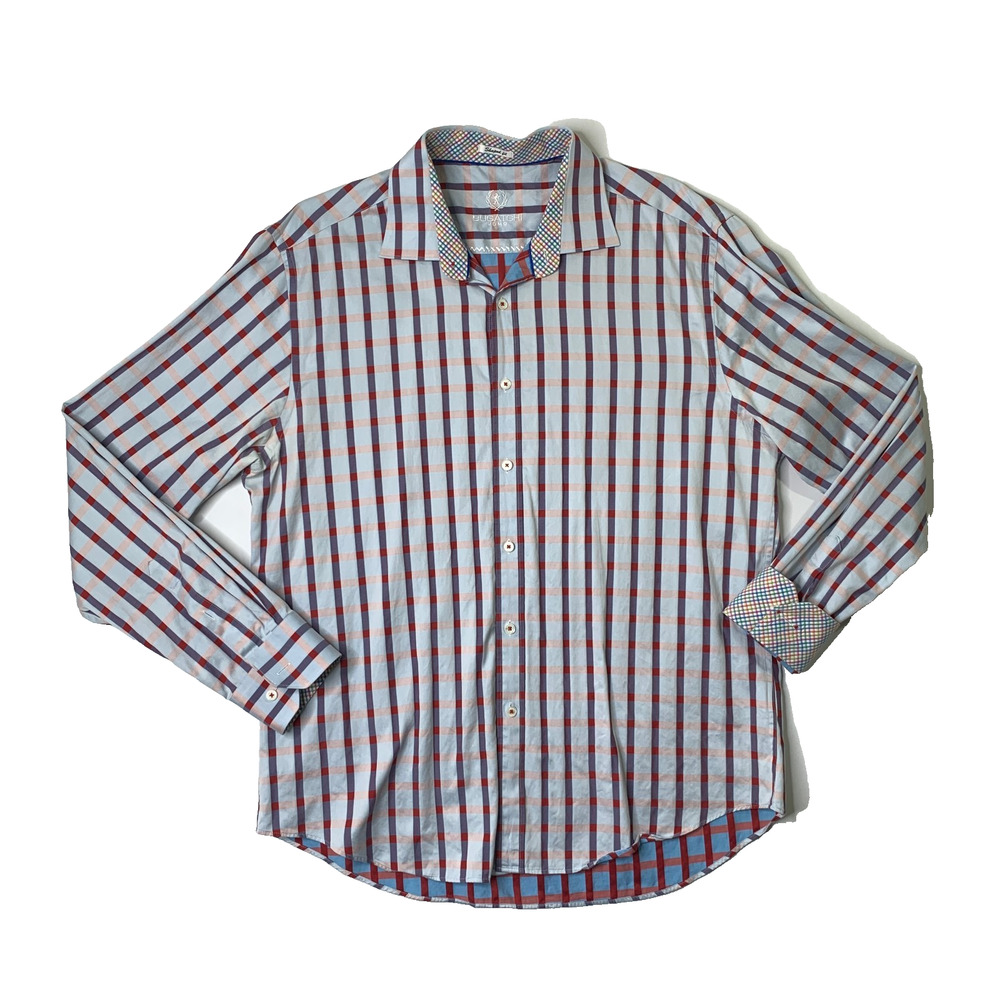 Bugatchi Uomo Shirt Mens XL Extra Large Shaped Fit Striped Flip Cuffs Shirttail